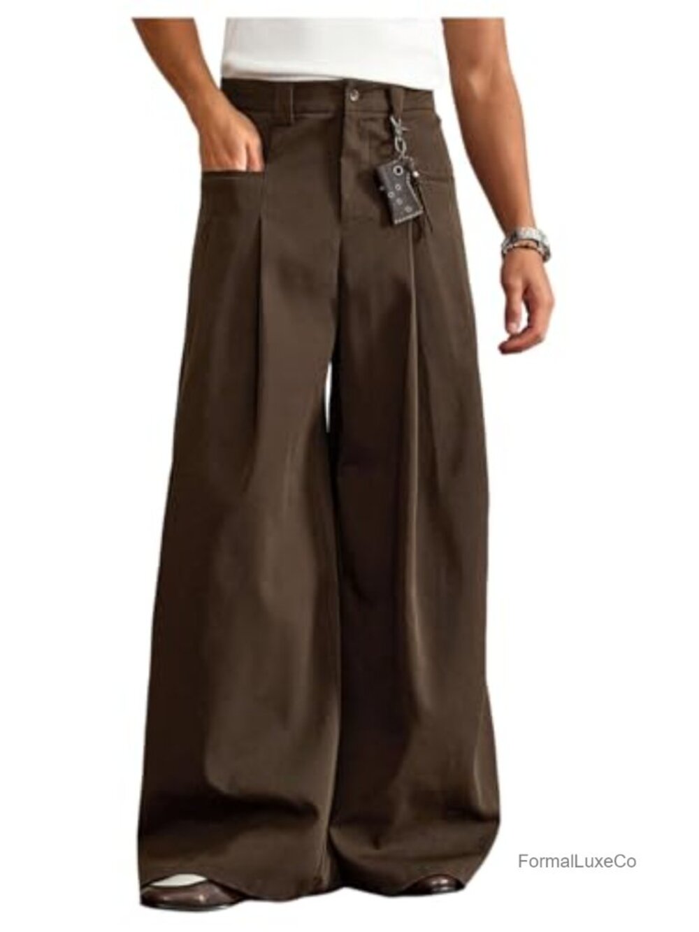 Men's Wide Leg Pleated Baggy Dress Pants Casual Trousers Pockets